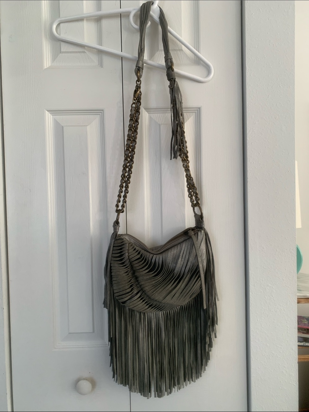 Nanette Lepore Fringed Shoulder Bag in grey/ silver with Braided Chain Strap
